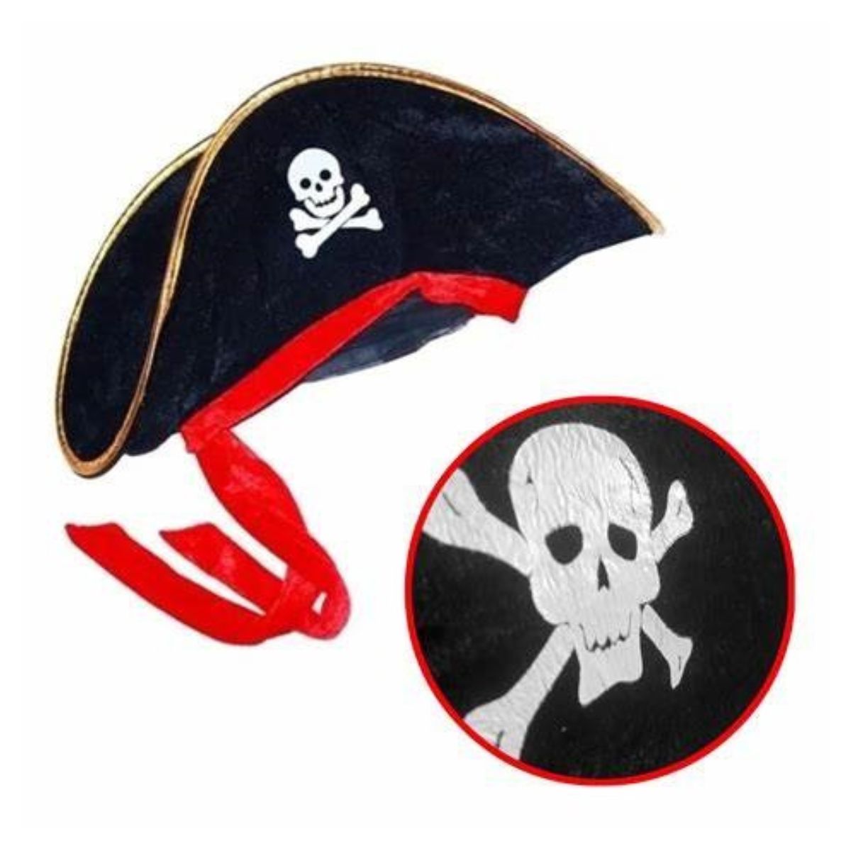 Chapéu De Pirata Preto Luxo Aveludado Com Faixa Vermelha Chapéu De Pirata Preto Luxo Aveludado Com Faixa Vermelha